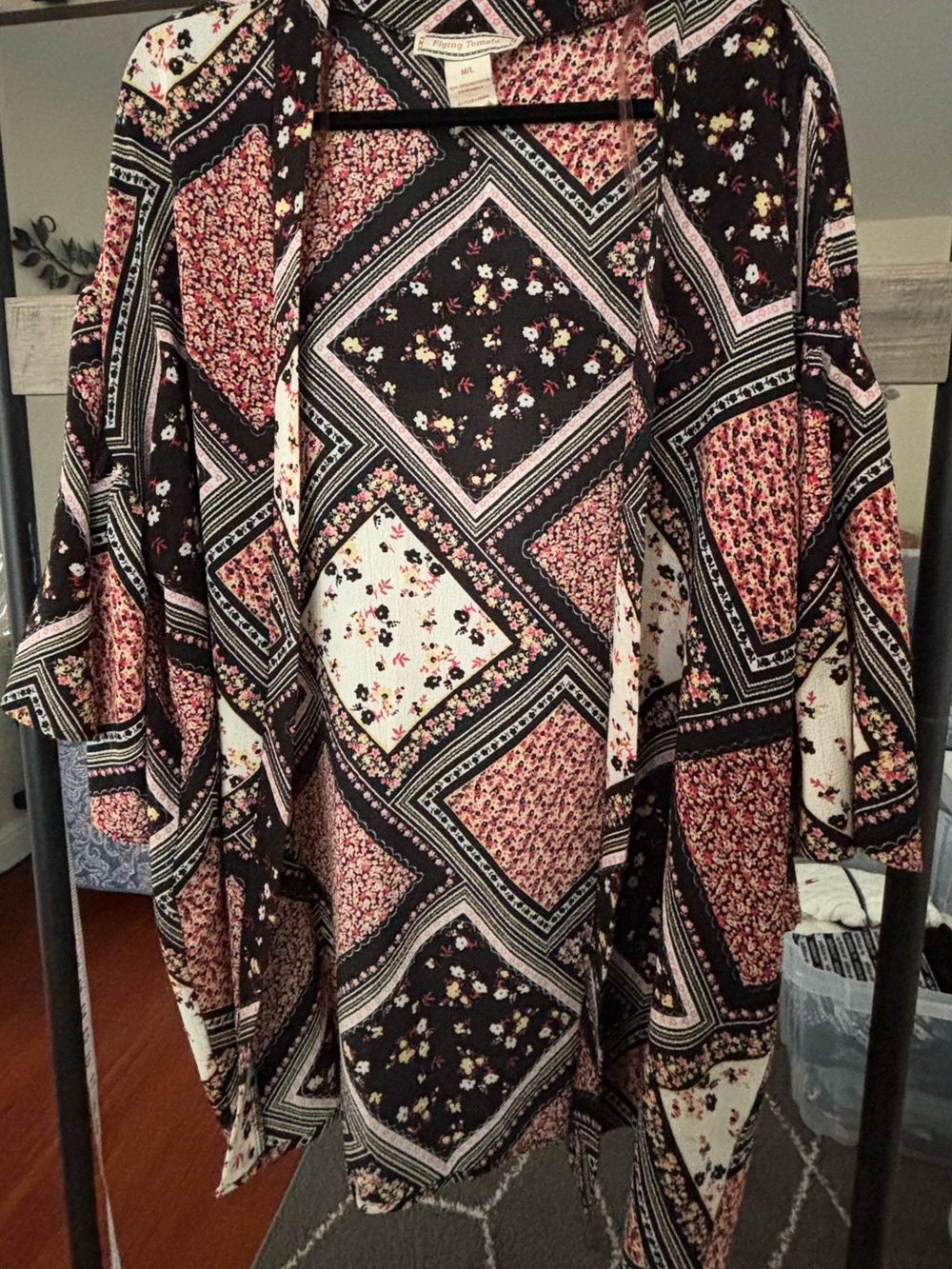 Flying Tomato Black & Pink Floral Patchwork Kimono (M/L)